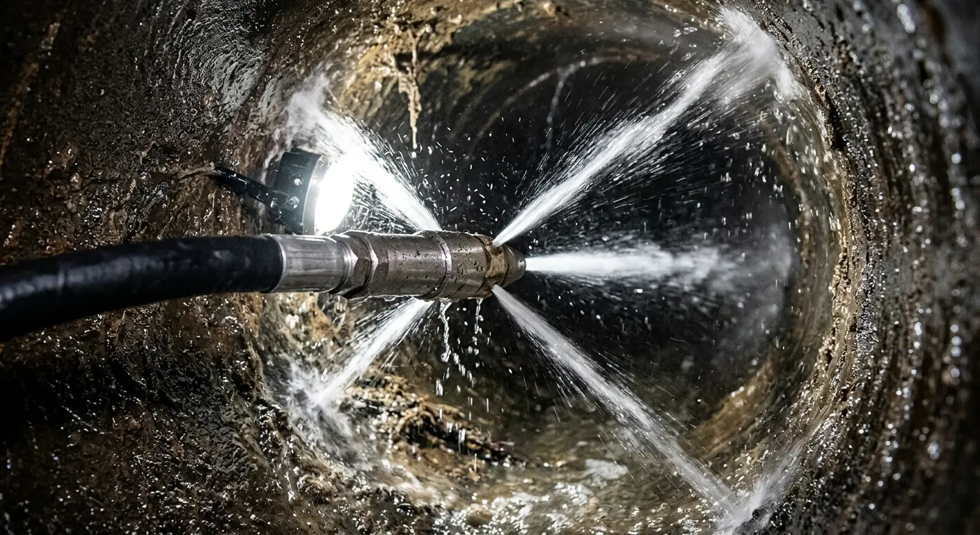High-pressure hydro jetting nozzle cleaning sewer pipe for Sewer Cleanout in Utica