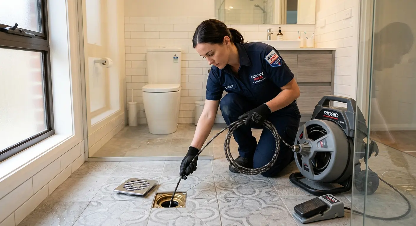 Technician clearing a bathroom floor drain for Hydro Jetting in Utica